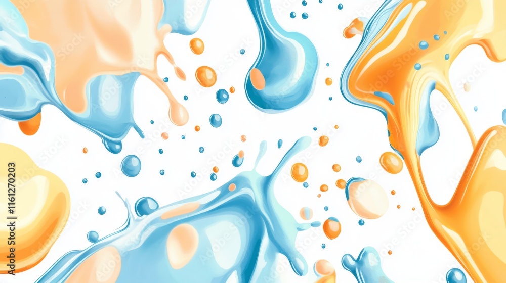 Poster colorful splashes of orange and blue liquid create an artistic abstract pattern on a white backgroun