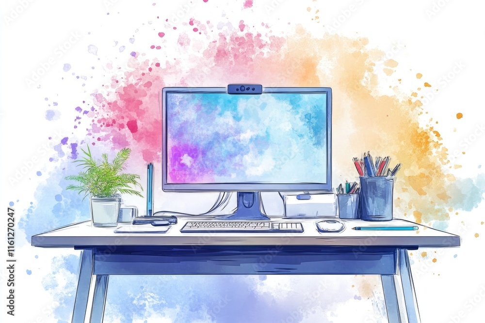 Poster a computer monitor sitting on a desk, providing a workspace for tasks and activities