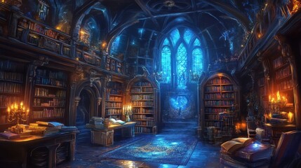 Obraz premium Enchanting fantasy library mysterious castle digital artwork dark atmosphere wide angle imagination and knowledge
