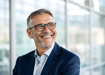 Fototapeta premium Smiling 45 years old banker, happy middle aged business man bank manager, mid adult professional businessman ceo executive in office, older mature entrepreneur wearing glasses, headshot portrait.