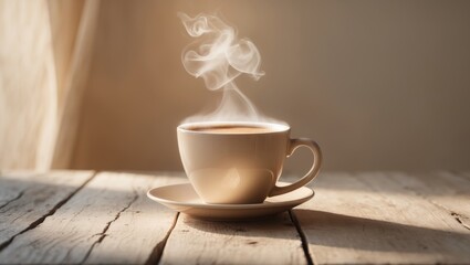Fototapeta premium Steaming Hot Coffee Cup on Rustic Wood Table