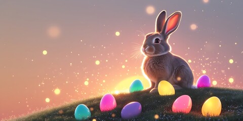 Charming Easter Bunny with Glowing Easter Eggs on a Sunrise Hill
