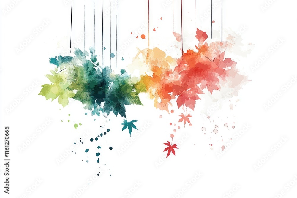 Poster a bunch of leaves hang from strings, creating a unique and natural display