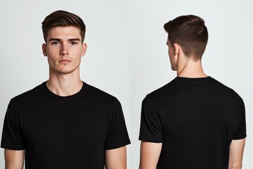 A male model stands in a neutral setting wearing a simple black t-shirt, posing for a front and back view. The focus is on the clean lines and fit of the shirt.