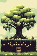 A vibrant 8-bit pixel art of a glowing pixelated enchanted tree with shimmering leaves, pixelated glowing roots extending into the ground, and tiny glowing animals resting on its branches under 