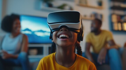 A joyful child experiences immersive adventures through a virtual reality headset, surrounded by family in a warm, inviting living space