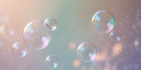 Magical Soap Bubbles Floating in a Soft Pastel Background with Delicate Reflections and Shimmering Light Interactions Creating a Dreamy Atmosphere