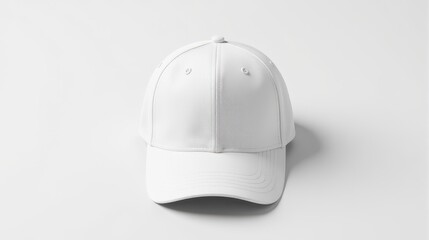A sleek white baseball cap isolated on a plain background, showcasing detailed stitching and a curved brim