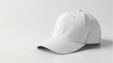 A sleek white baseball cap isolated on a plain background, showcasing detailed stitching and a curved brim