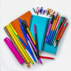 Obraz premium A vibrant mix of pens, markers, and notebooks for creative school projects isolated on white background