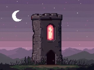 A vibrant 8-bit pixel art of a glowing pixelated wizard&rsquo;s tower standing tall in the pixelated wilderness, its windows glowing with light, surrounded by sparkling runes etched into its walls 