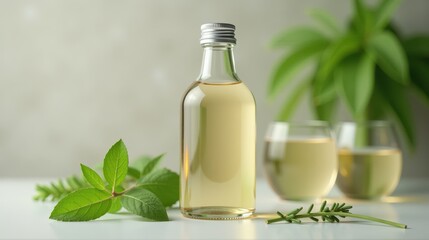A clear glass bottle of herbal oil sits with fresh green leaves and sprigs, accompanied by two filled glasses, against a soft-focus green plant backdrop