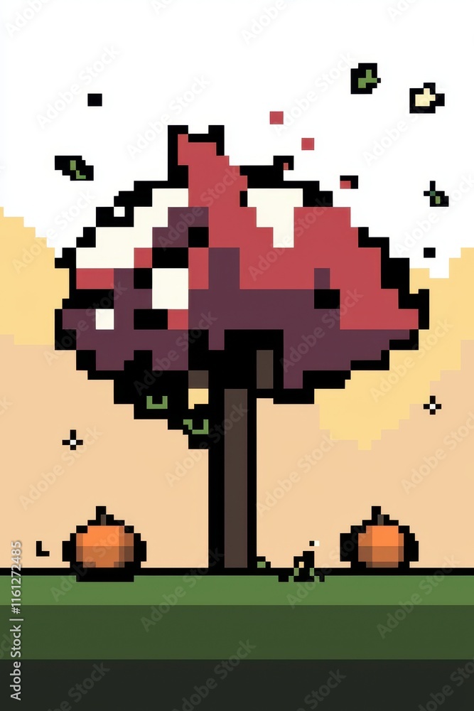 Canvas Prints An intricate 8-bit pixel art of a glowing pixelated maple tree with glowing red leaves, surrounded by pixelated pumpkins, sparkling vines, and tiny glowing stars under a pastel orange autumn 