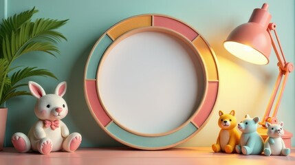 Fototapeta premium Cute pig and bird figurines on a pastel desk with a pink lamp, colorful ring frame, and books, creating a playful, whimsical scene