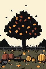 An intricate 8-bit pixel art of a glowing pixelated maple tree with pixelated glowing leaves in autumn hues, surrounded by pixelated pumpkins, tiny glowing fireflies, and sparkling acorns under 
