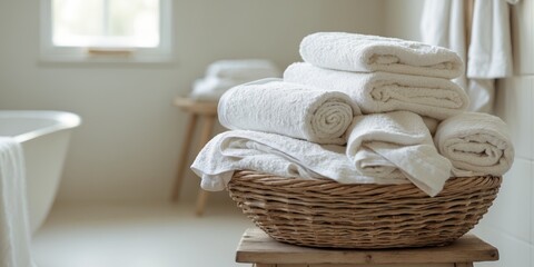 Fototapeta premium Wicker basket with fresh white towels on stool in bathroom