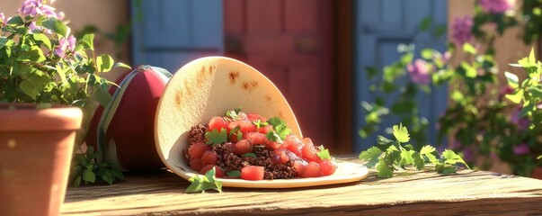 A taco filled with fresh ingredients sits on a wooden surface in a vibrant outdoor setting.