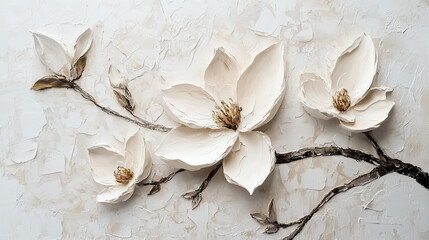Image of the surface of a canvas with oil or acrylic paint representing magnolia flowers on a light background.