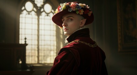 Fototapeta premium Royal Majesty: A regal figure, adorned in a crimson velvet robe and a floral crown, stands with an air of enigmatic mystery, bathed in the soft glow of a stained glass window. 