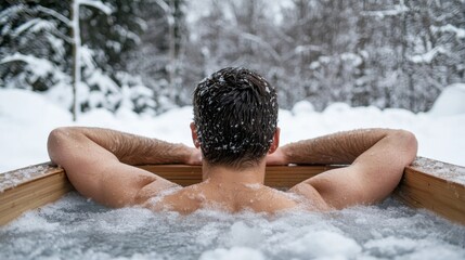 Relaxing winter retreat a man in a hot tub surrounded by snowy nature peaceful environment serene viewpoint