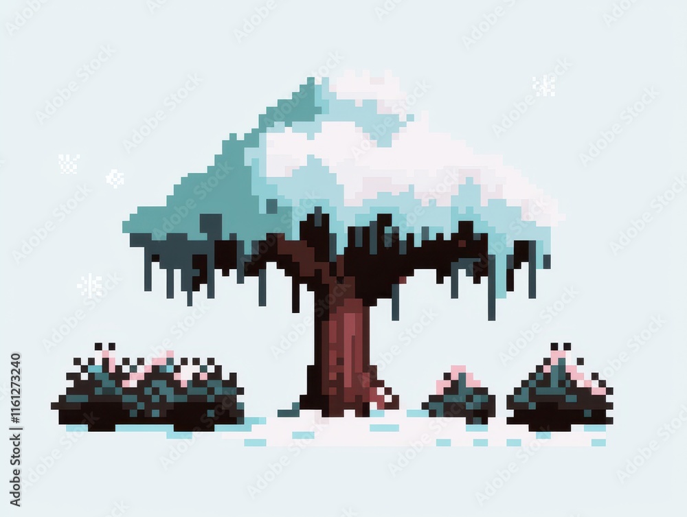 Poster An intricate 8-bit pixel art of a glowing pixelated winter tree adorned with glowing icicles, surrounded by pixelated snow-covered bushes and sparkling snowflakes, set under a pastel white and 