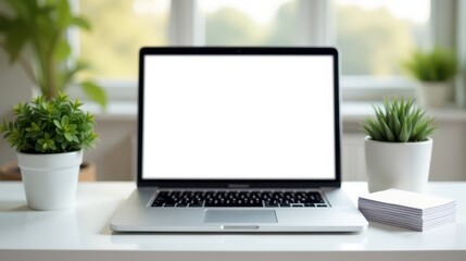 Fototapeta premium A laptop with a blank screen sits on a white desk surrounded by green potted plants and notebooks, creating a serene workspace by the window