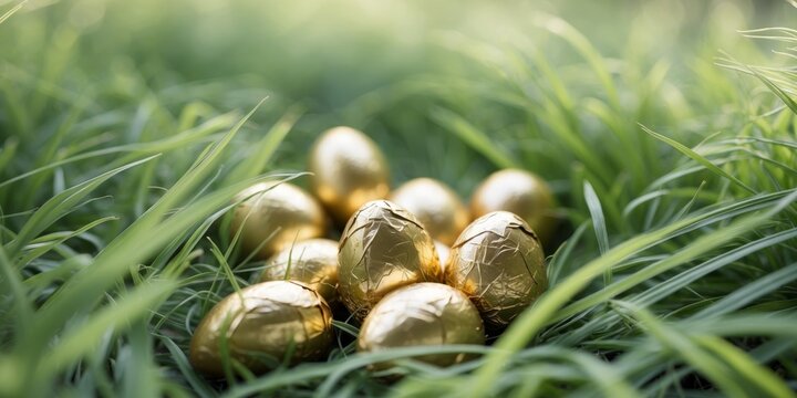 Golden Foil Wrapped Eggs Lying on Fresh Green Grass Outdoors