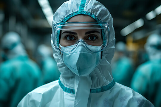 doctor in full protective gear, including face shield and suit, working in a sterile and high-risk medical environment, realistic textures, professional and dedicated healthcare representation