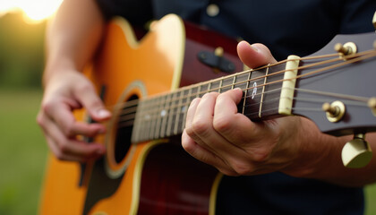 Fototapeta premium Close-up of a Person Playing Acoustic Guitar