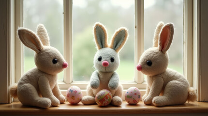 Three plush bunny toys with pastel Easter eggs, sitting on a windowsill, soft natural light, spring celebration concept. Sustainable, zero waste Easter concept. DIY gifts for Easter