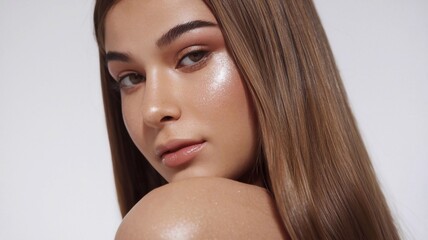 Naklejka premium Makeup. Highlighter on the skin, good shine. close up young woman, portrait of model girl with long straight shiny brown smooth healthy hair, natural beauty with smooth skin, skin care on white backgr