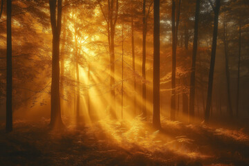 Fototapeta premium Photo réaliste d’une forêt mystique, baignée par des rayons de soleil dorés traversant les arbres, avec une légère brume s’élevant doucement du sol forestier, créant une atmosphère magique et éthérée