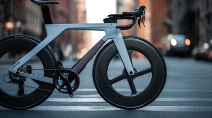Obraz premium Sleek Grey Carbon Fiber Time Trial Bicycle on City Street
