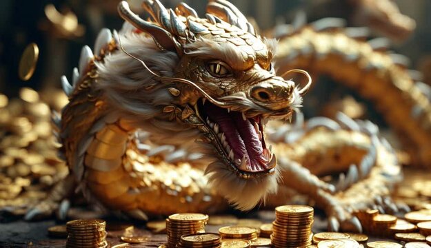 The golden dragon guards the treasure and gold coins. Animation of the dragon getting angry when its golden glory is about to be looted.