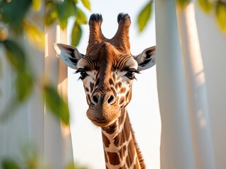 Majestic Giraffe Gazing Through Lush Green Foliage in Nature