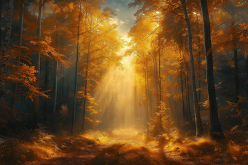 Naklejka premium Photo réaliste d’une forêt mystique, baignée par des rayons de soleil dorés traversant les arbres, avec une légère brume s’élevant doucement du sol forestier, créant une atmosphère magique et éthérée