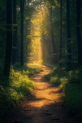 Obraz premium Photo réaliste d’une forêt mystique, baignée par des rayons de soleil dorés traversant les arbres, avec une légère brume s’élevant doucement du sol forestier, créant une atmosphère magique et éthérée