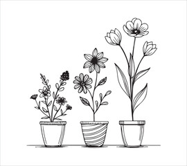 
Set of continuous one line drawing of a flowers in a pots with background