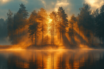 Fototapeta premium Photo réaliste d’une forêt mystique, baignée par des rayons de soleil dorés traversant les arbres, avec une légère brume s’élevant doucement du sol forestier, créant une atmosphère magique et éthérée