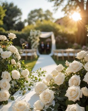 White Roses Adorn Outdoor Wedding Ceremony in Picturesque Garden Setting on Sunny Day