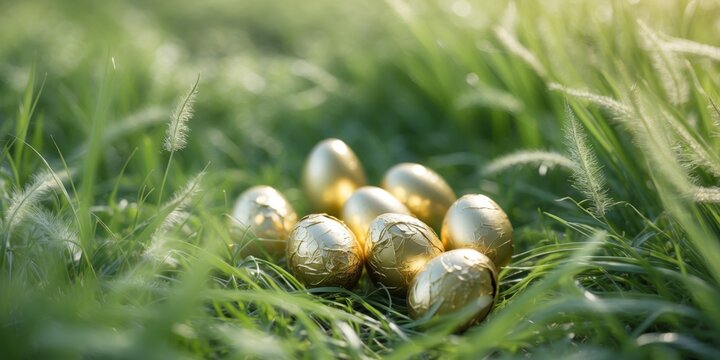 Golden Foil Wrapped Eggs Lying on Fresh Green Grass Outdoors