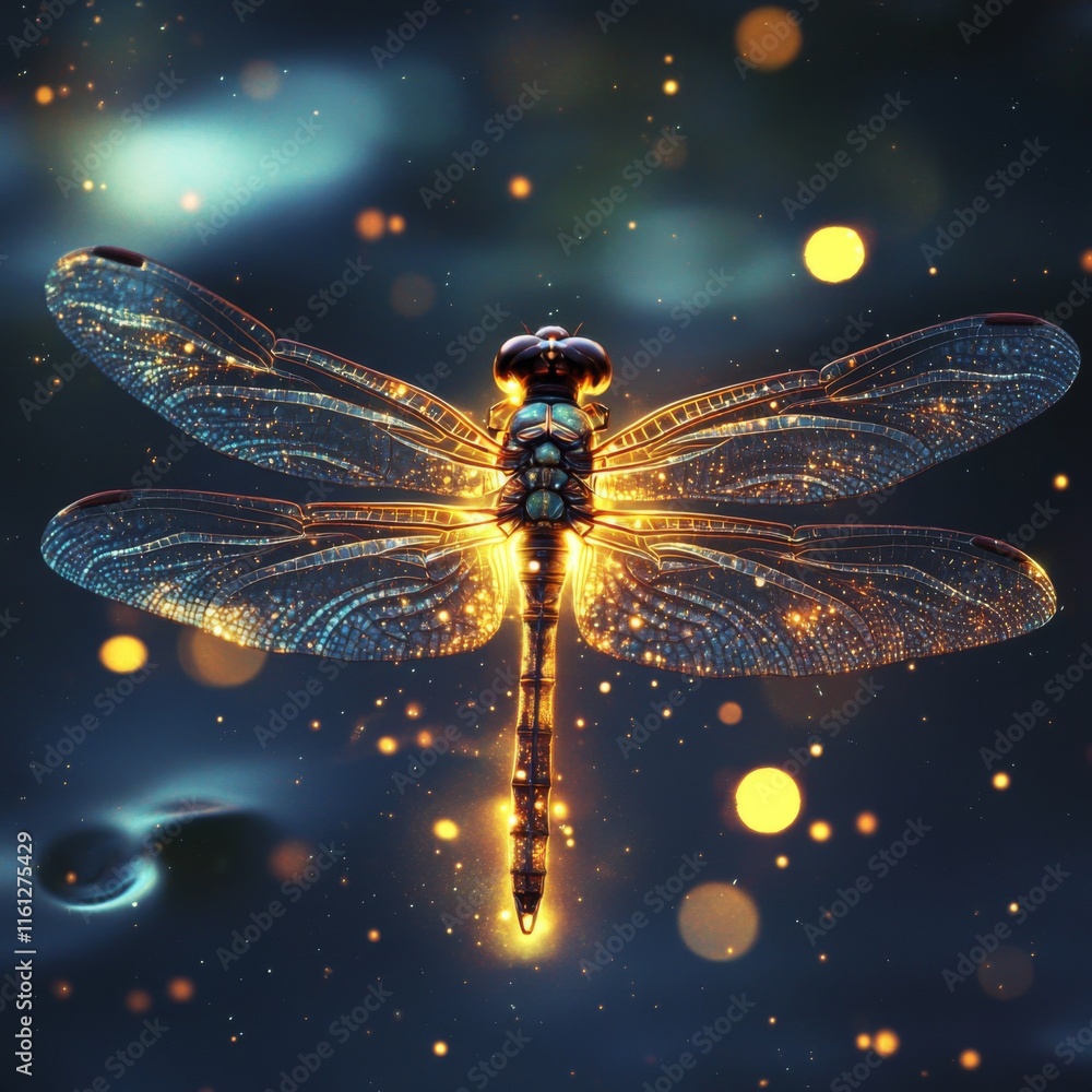 Poster glowing dragonfly with bokeh background.