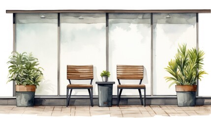 Fototapeta premium Serene Patio Scene: Watercolor Painting of Two Chairs, Plants, and a Modern Building