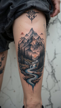 Natural Serenity: Landscape Leg Tattoo Inspiration