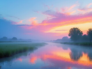 Serene river landscape at dawn with mist and colorful sky reflections