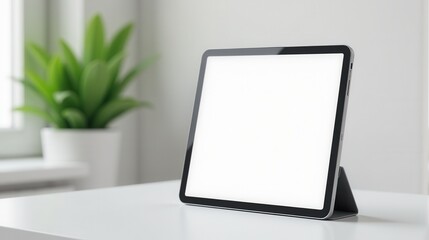Fototapeta premium Tablet with blank screen on a white desk, surrounded by modern green plants, ideal for showcasing digital content and design mockups