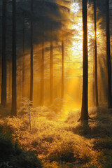 Obraz premium Photo réaliste d’une forêt mystique, baignée par des rayons de soleil dorés traversant les arbres, avec une légère brume s’élevant doucement du sol forestier, créant une atmosphère magique et éthérée