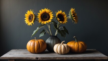 Still life with sunflowers and pumpkins on a dark background