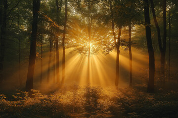 Obraz premium Photo réaliste d’une forêt mystique, baignée par des rayons de soleil dorés traversant les arbres, avec une légère brume s’élevant doucement du sol forestier, créant une atmosphère magique et éthérée