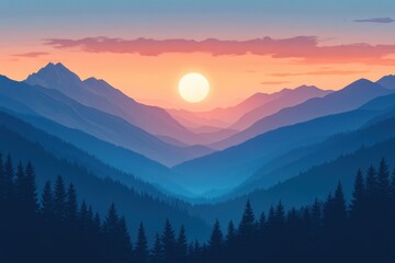 Obraz premium Vibrant colors fill the sky as the sun sets behind distant mountains. Silhouettes of pine trees are visible in the foreground, creating a serene atmosphere.